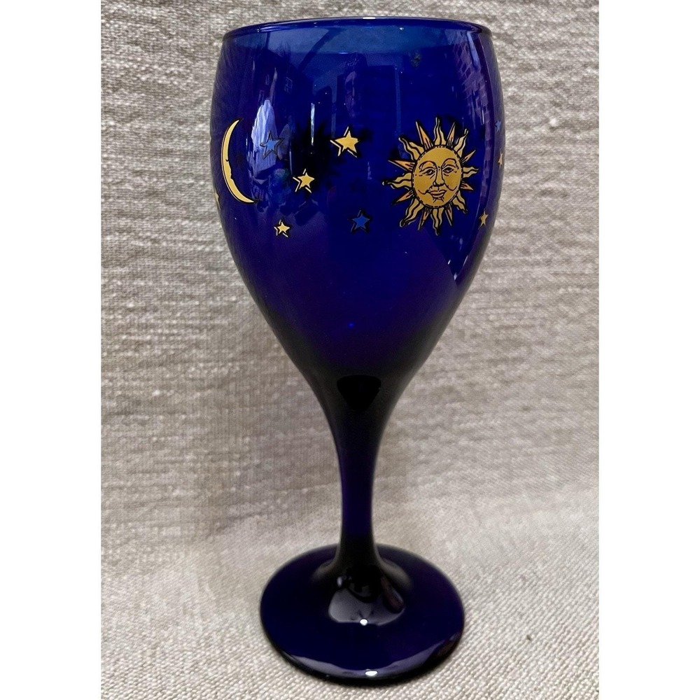 Vintage Cobalt Blue Celestial Wine Goblet Sun Moon Stars Gold Glass Stemware